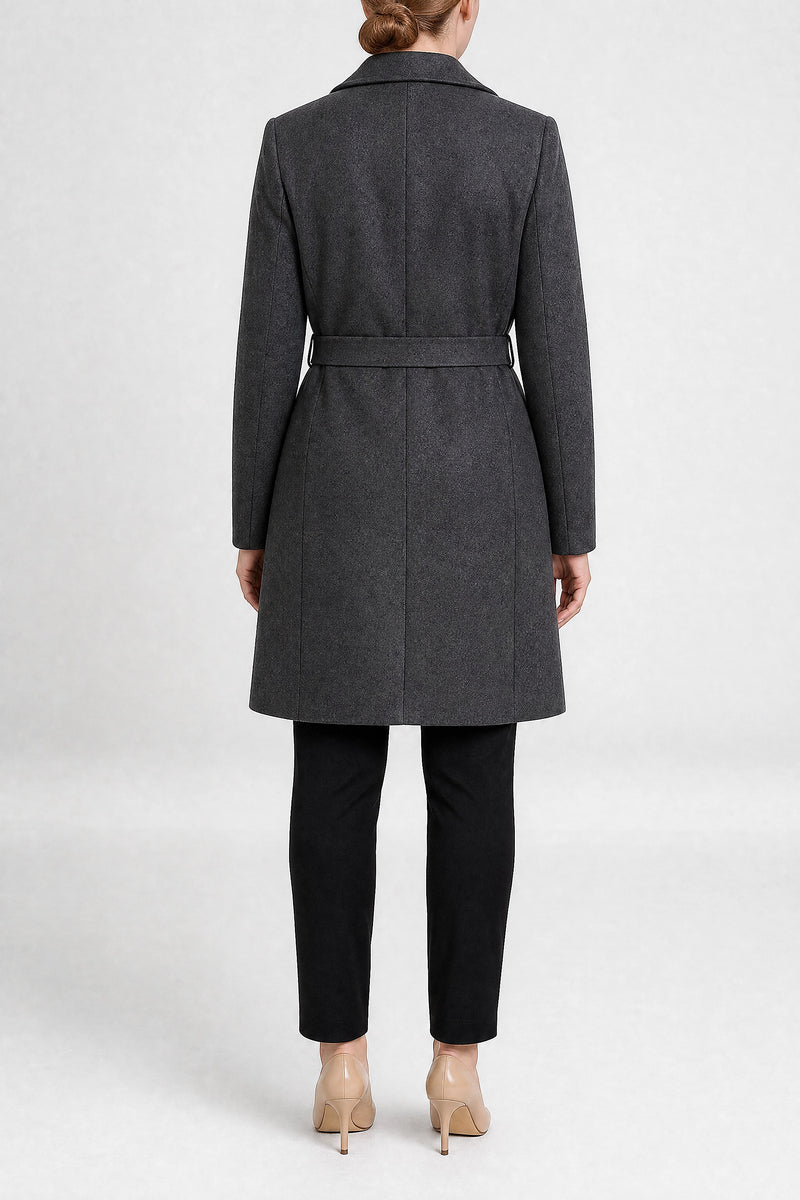 Sofaine Paulina women's overcoat in Dark Gray, back view studio shot