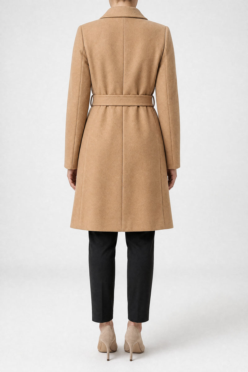 Sofaine Paulina women's overcoat in Khaki, back view studio shot