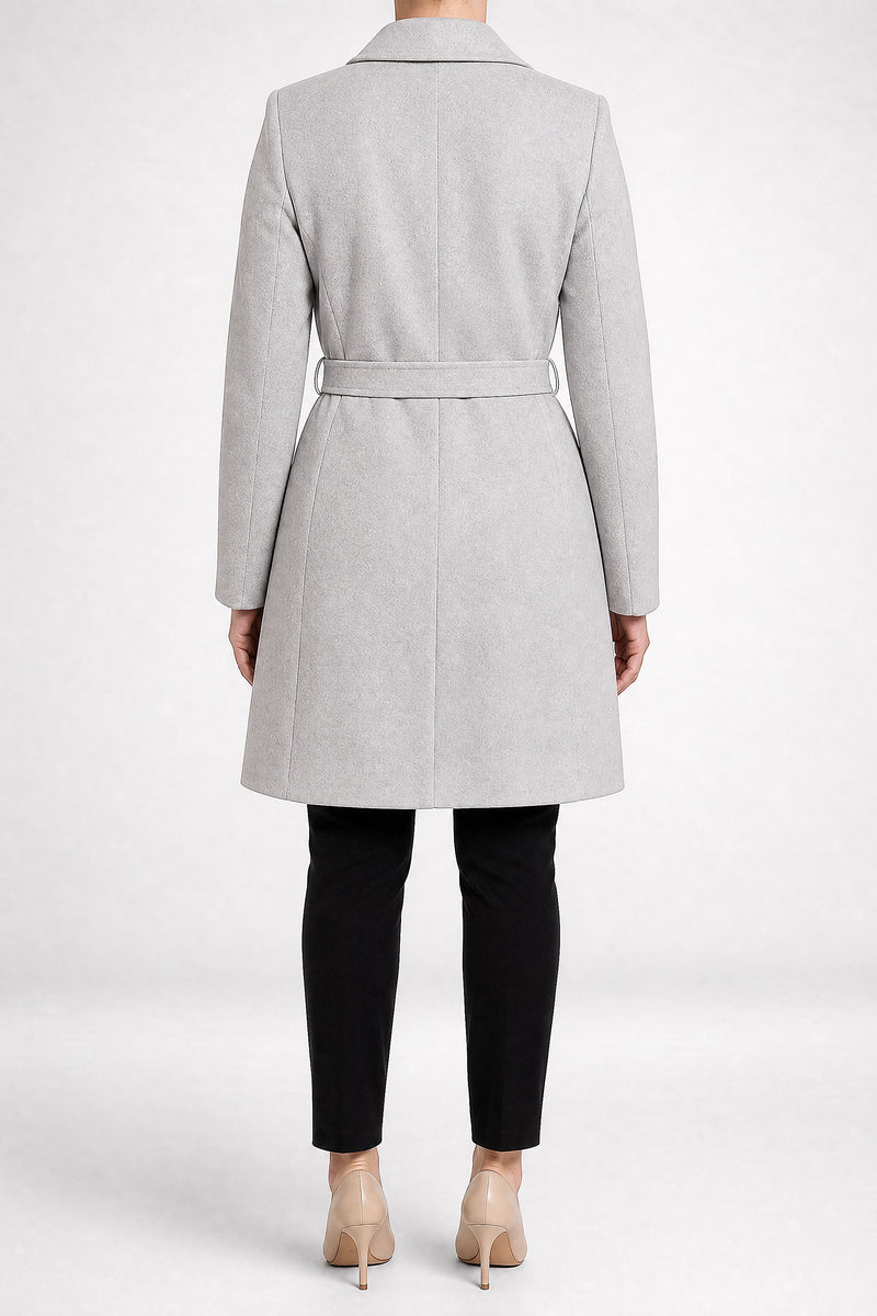 Sofaine Paulina women's overcoat in Light Gray, back view studio shot