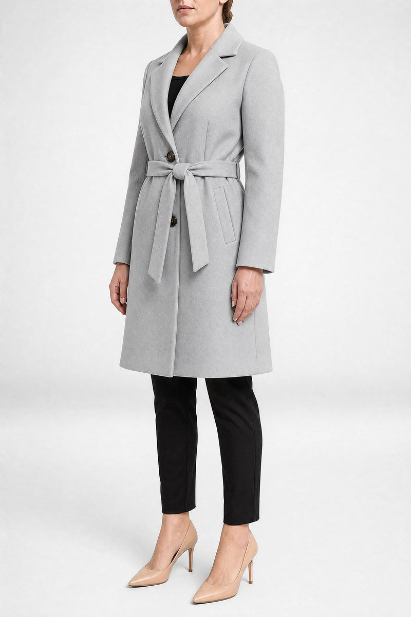 Sofaine Paulina women's overcoat in Light Gray, side view studio shot