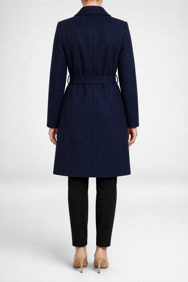 Sofaine Paulina women's overcoat in Navy Blue, back view studio shot