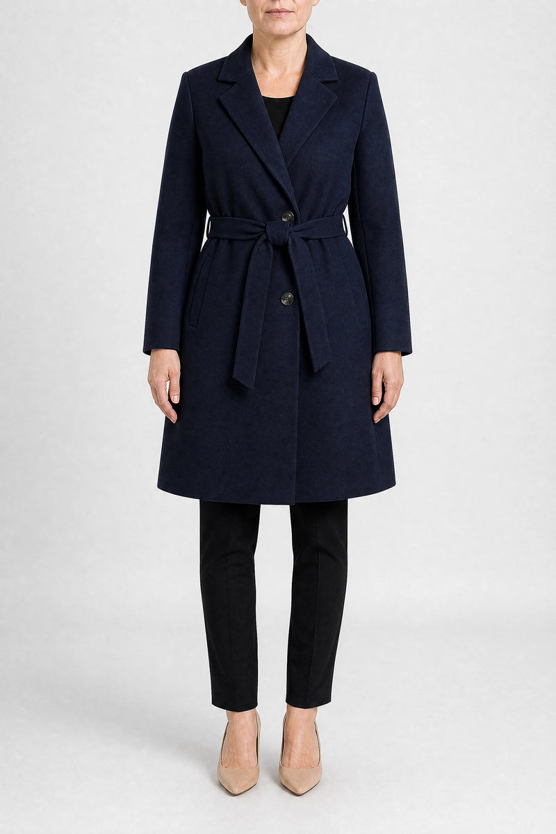 Sofaine Paulina women's overcoat in Navy Blue, front view studio shot