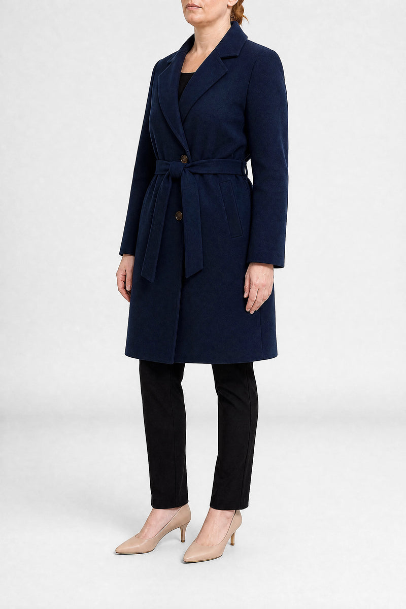 Sofaine Paulina women's overcoat in Navy Blue, side view studio shot