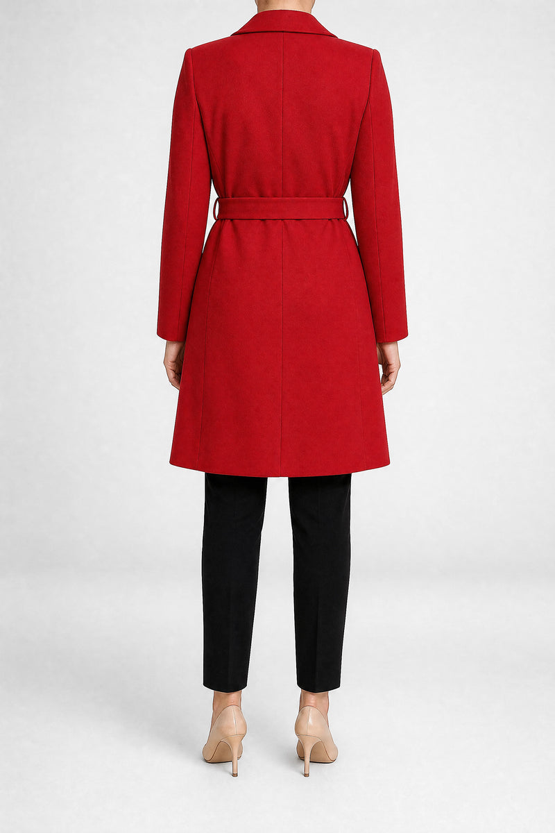 Sofaine Paulina women's overcoat in Wine Red, back view studio shot