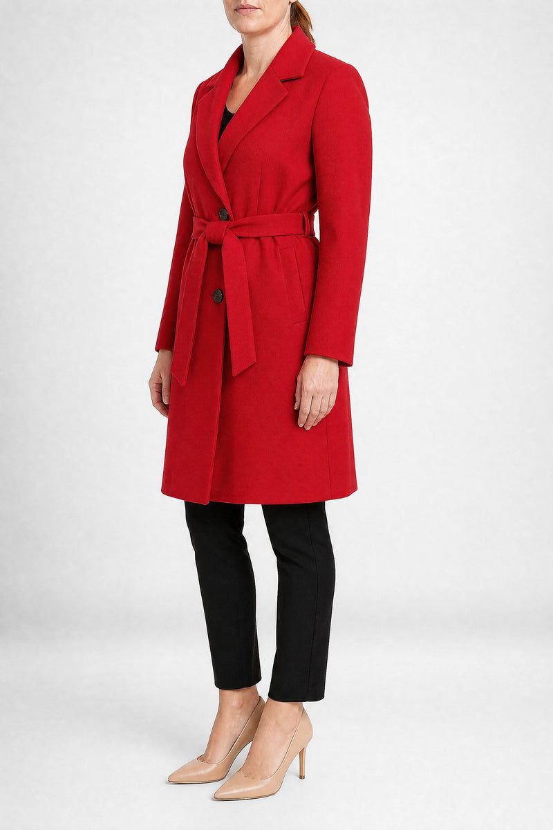 Sofaine Paulina women's overcoat in Wine Red, side view studio shot