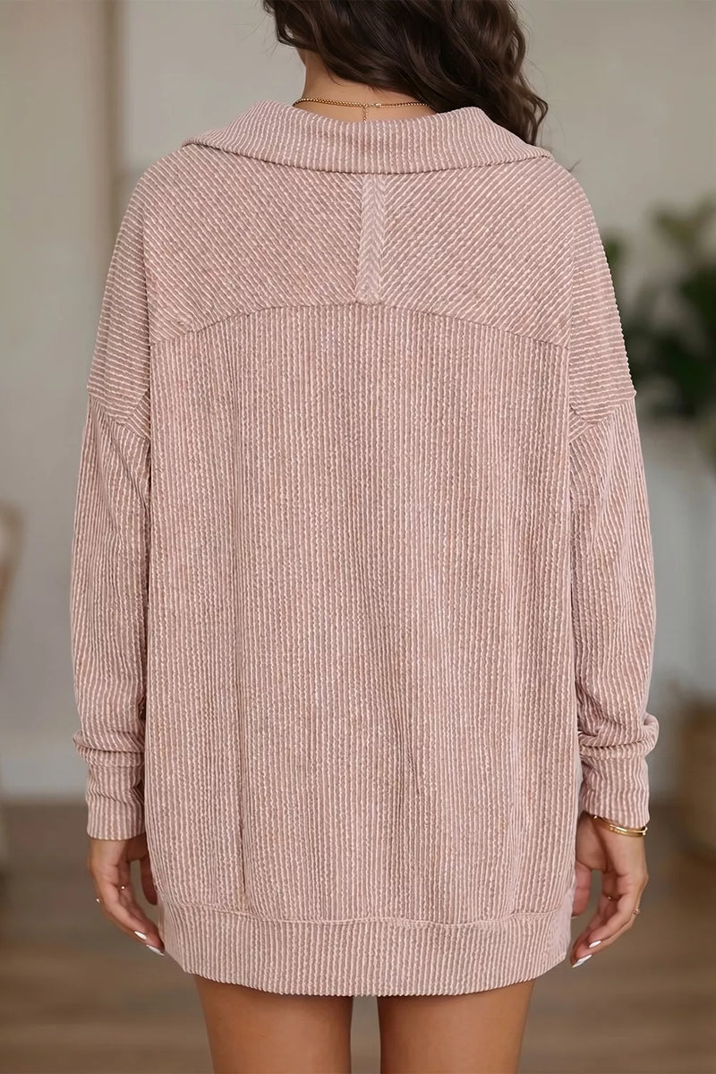 Oversized Quarter Zip Pullover for Women with Textured Rib and Side Slits in Pink, back view