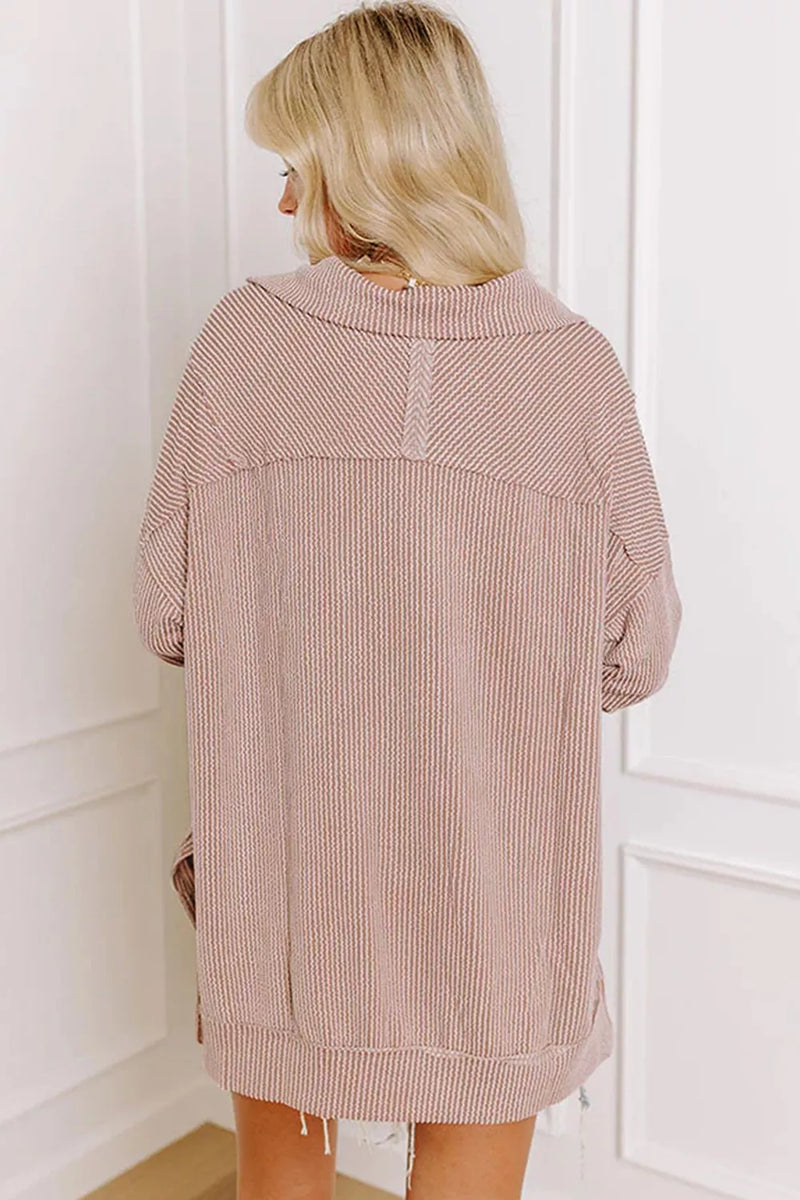 Oversized Quarter Zip Pullover for Women with Textured Rib and Side Slits in Pink, back view with side slits