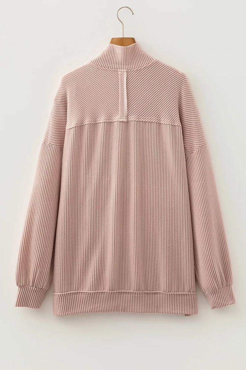 Oversized Quarter Zip Pullover for Women with Textured Rib and Side Slits in Pink, flat lay back