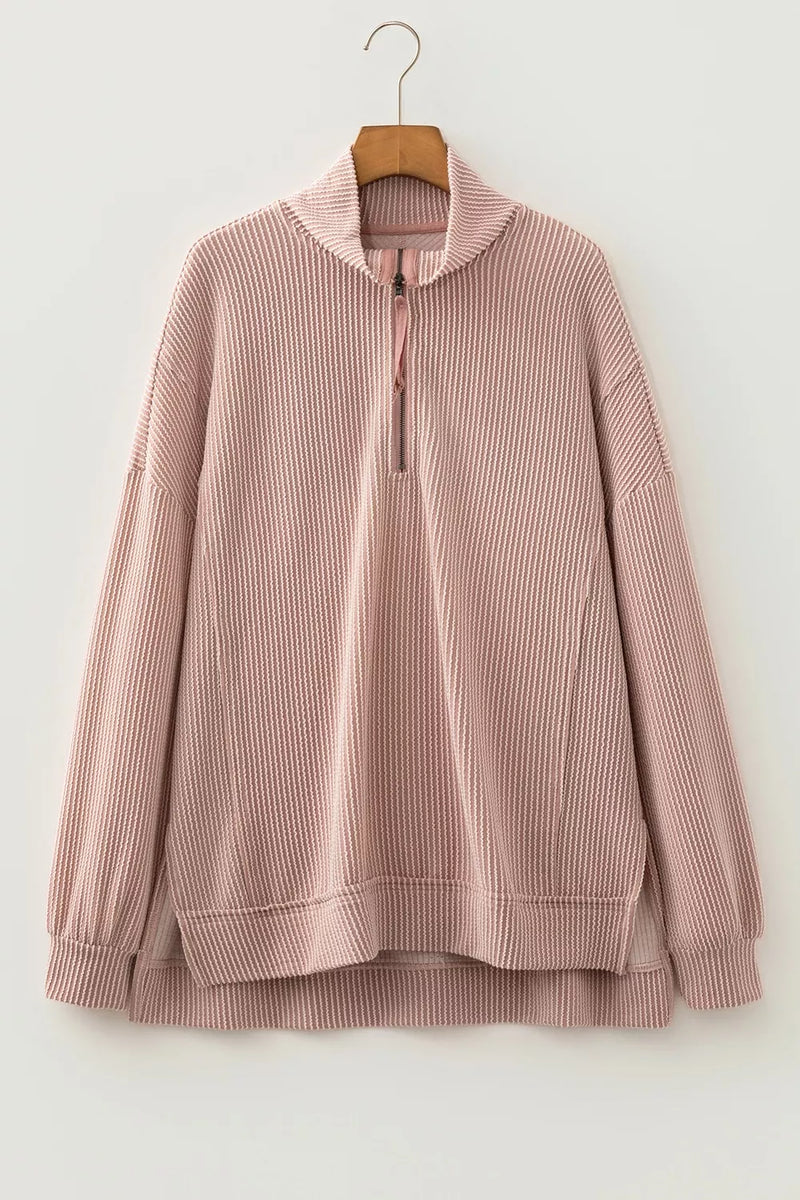 Oversized Quarter Zip Pullover for Women with Textured Rib and Side Slits in Pink, flat lay front