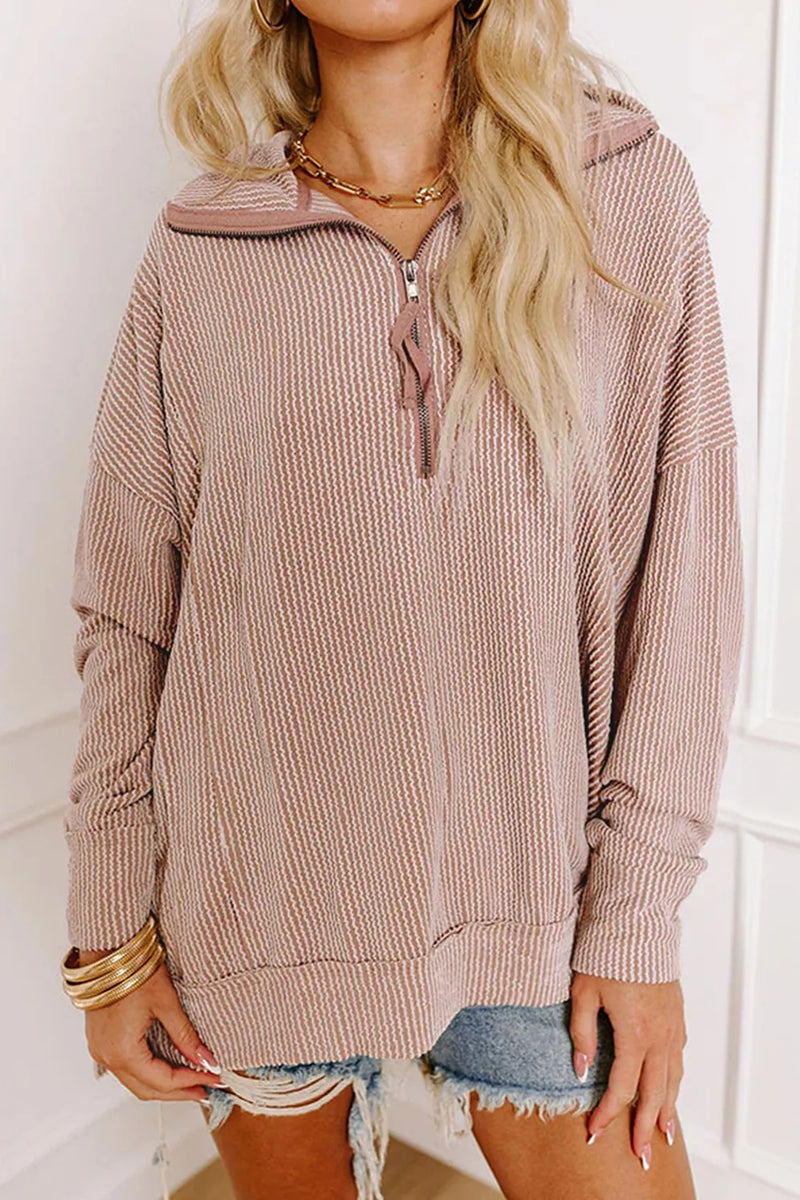 Oversized Quarter Zip Pullover for Women with Textured Rib and Side Slits in Pink, front view with collar open