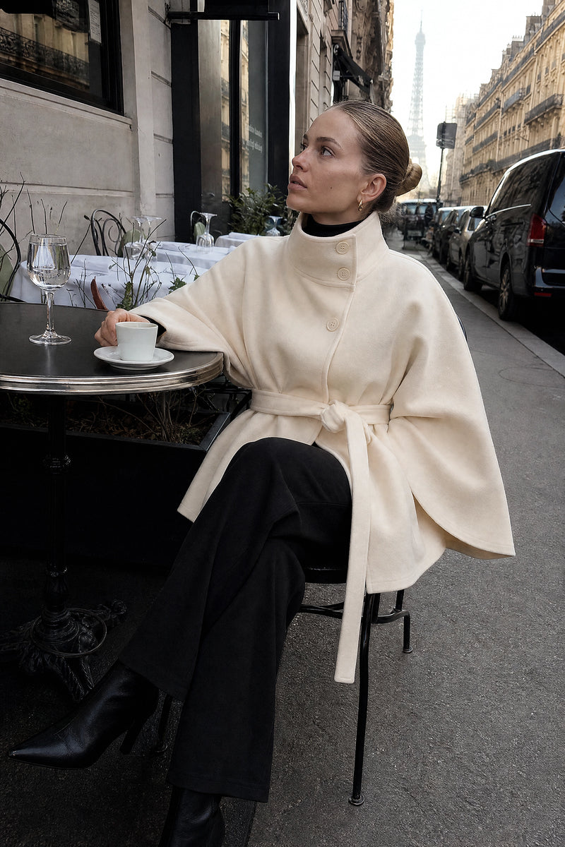 SOFAINE-V7-LIFE-Payton | Belted Cape Coat in Beige, café scene