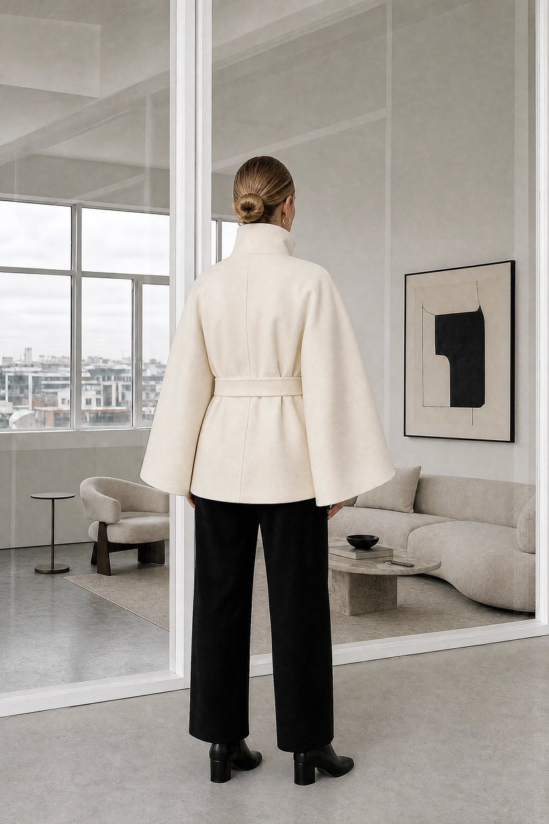 Payton | Belted Cape Coat in Beige, studio back view