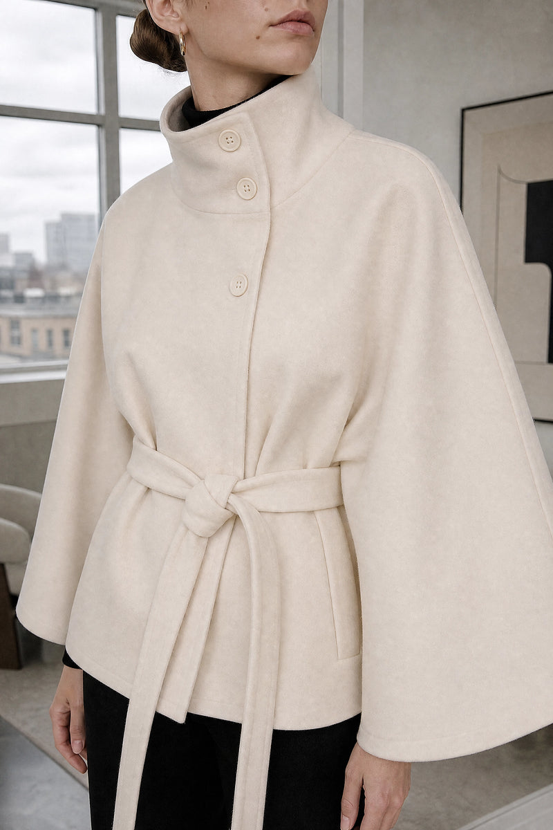 Payton | Belted Cape Coat in Beige, fabric close-up