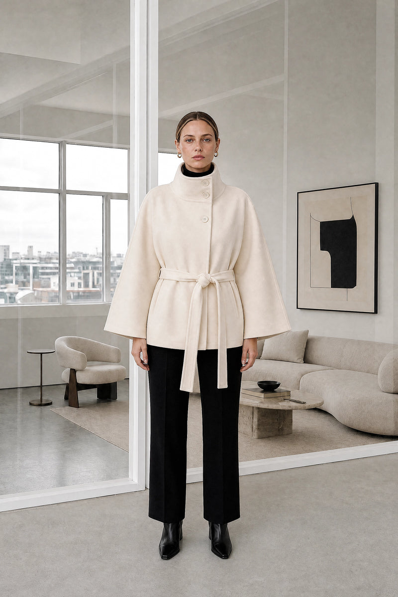 Payton | Belted Cape Coat in Beige, studio front view