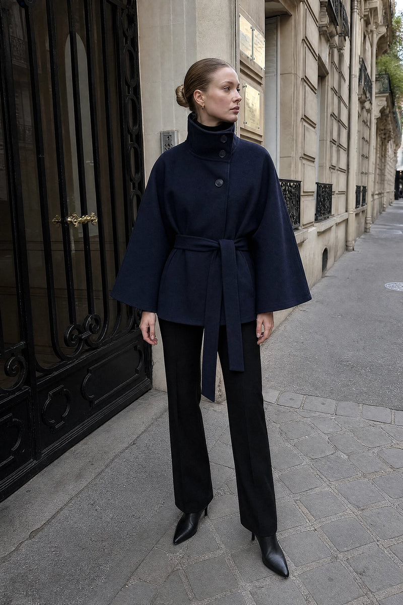 SOFAINE-V7-LIFE-Payton | Belted Cape Coat in Blue, street-style view