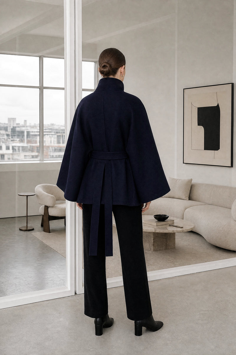 Payton | Belted Cape Coat in Blue, studio back view