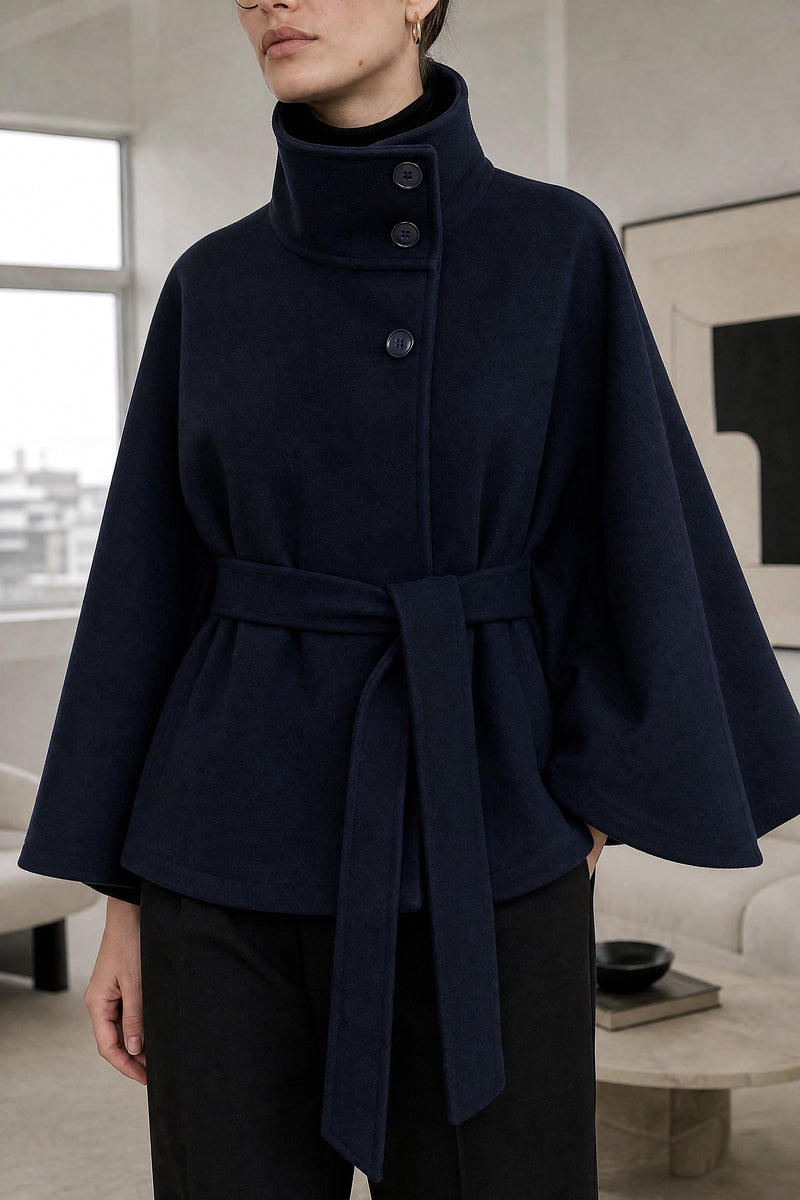 Payton | Belted Cape Coat in Blue, fabric close-up