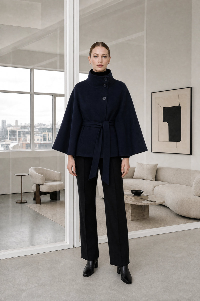 Payton | Belted Cape Coat in Blue, studio front view