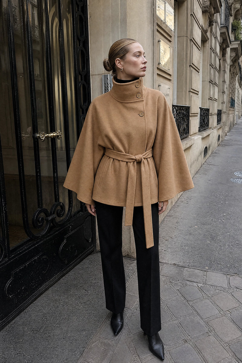 SOFAINE-V7-LIFE-Payton | Belted Cape Coat in Brown, street-style view