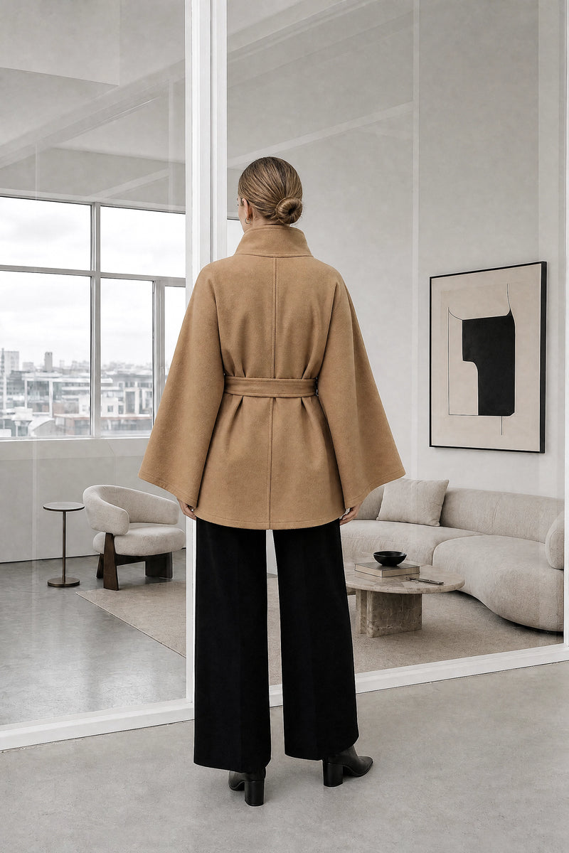 Payton | Belted Cape Coat in Brown, studio back view