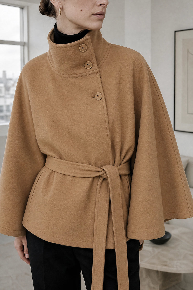 Payton | Belted Cape Coat in Brown, fabric close-up