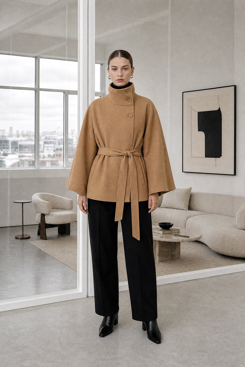 Payton | Belted Cape Coat in Brown, studio front view
