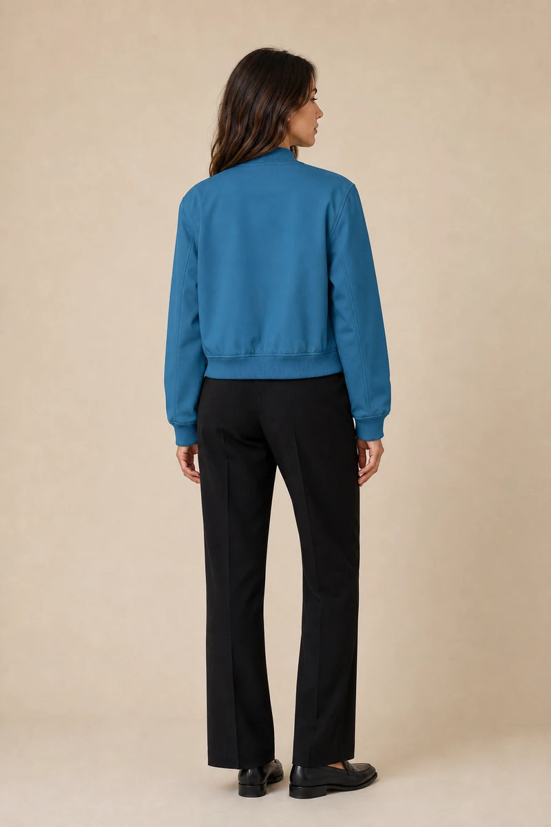 Fleur | Collared Button Jacket in Peacock Blue, studio back view
