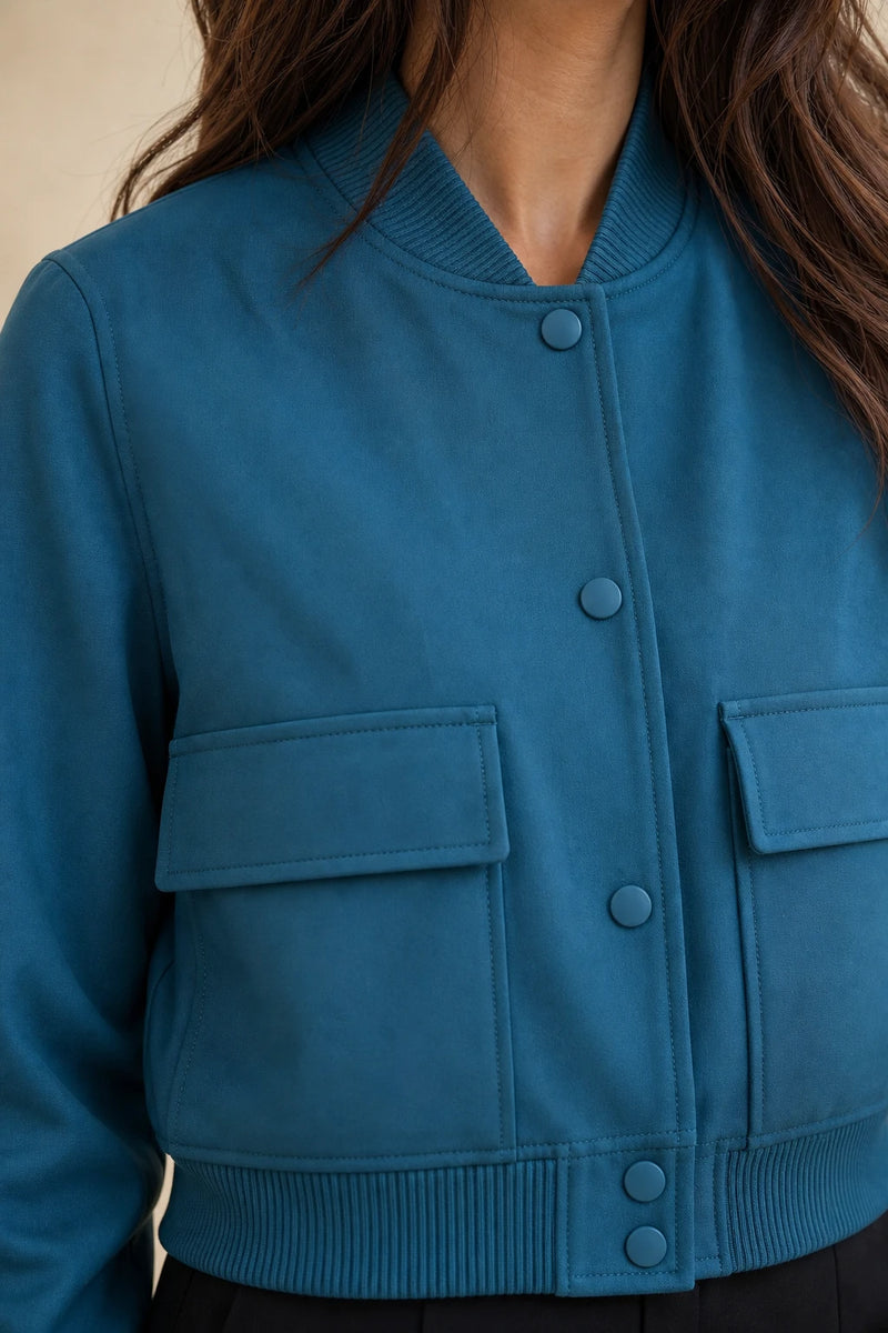 Fleur | Collared Button Jacket in Peacock Blue, fabric close-up