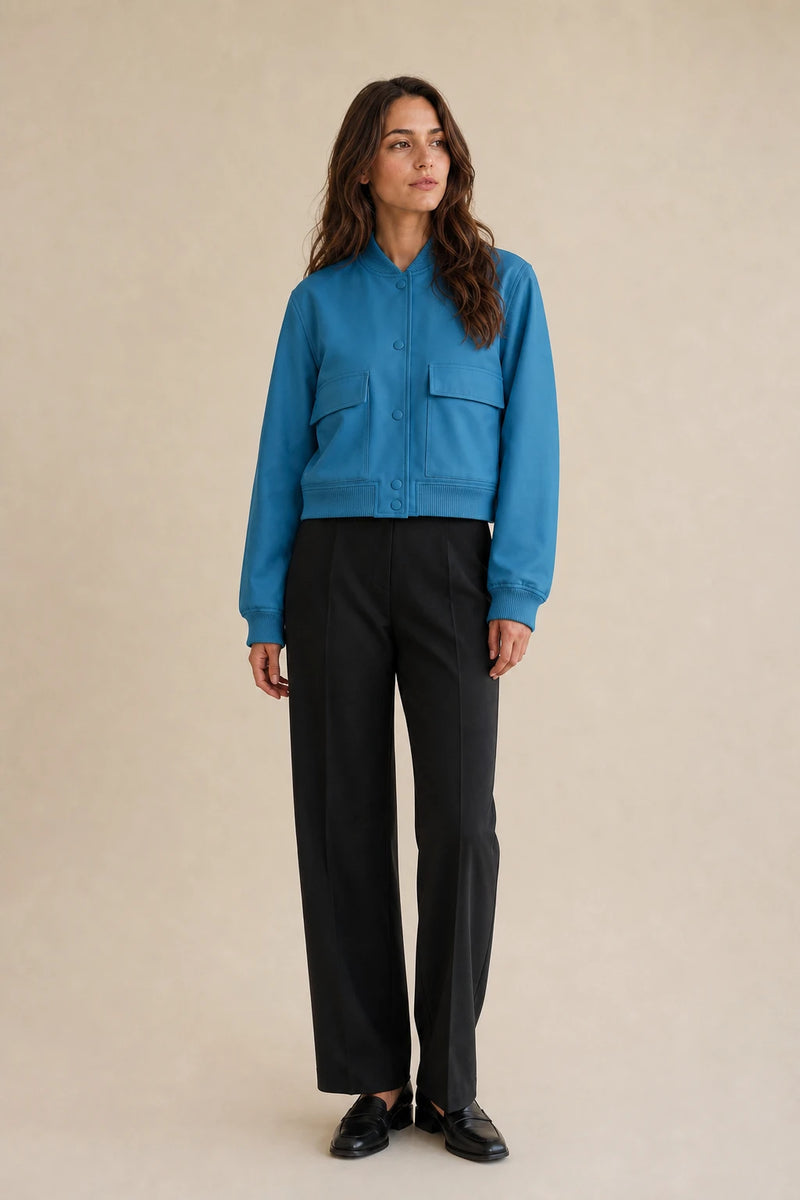 Fleur | Collared Button Jacket in Peacock Blue, studio front view