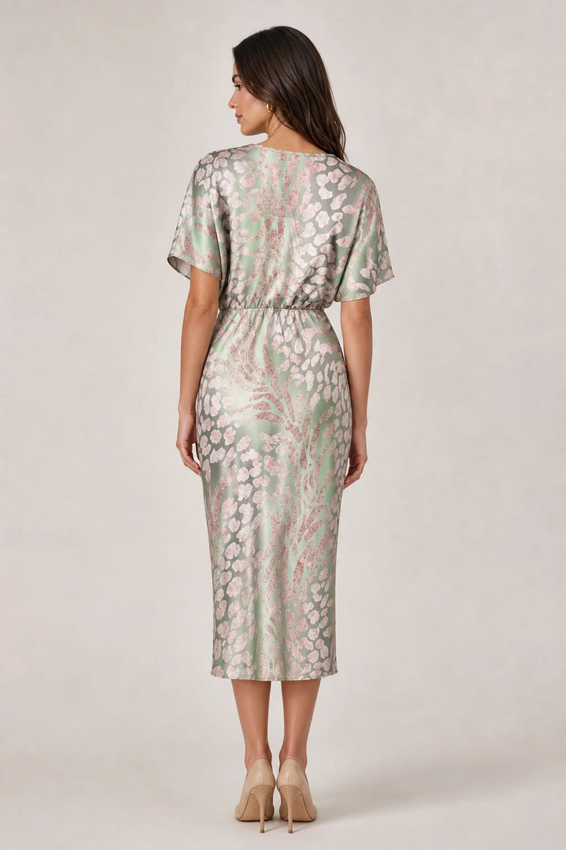 Sofaine Isla women's printed satin twist-front midi dress in Green, worn back