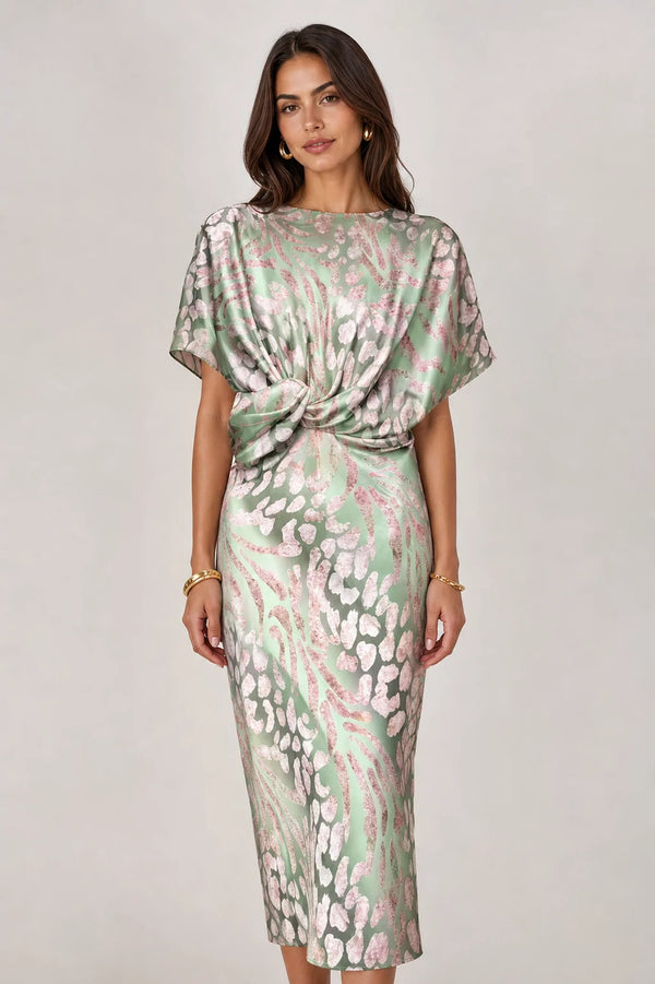 Sofaine Isla women's printed satin twist-front midi dress in Green, worn front hero