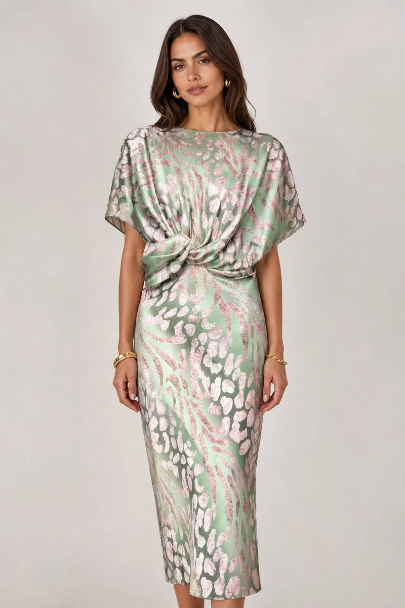 Sofaine Isla women's printed satin twist-front midi dress in Green, worn front hero