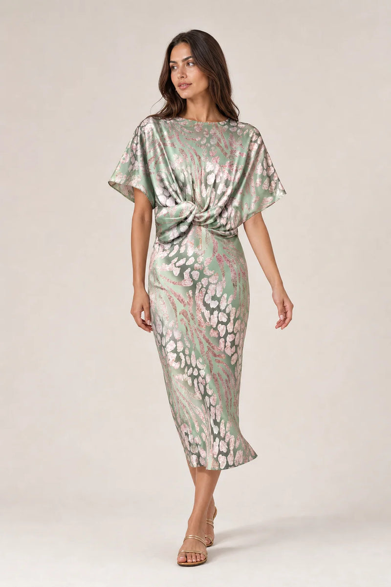 Sofaine Isla women's printed satin twist-front midi dress in Green, styled full look