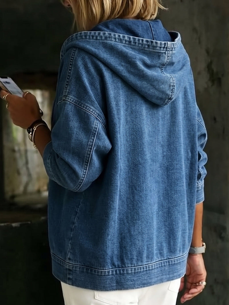 Hooded Denim Jacket for Women with Full Zip and Dropped Shoulders in Denim Blue, back view