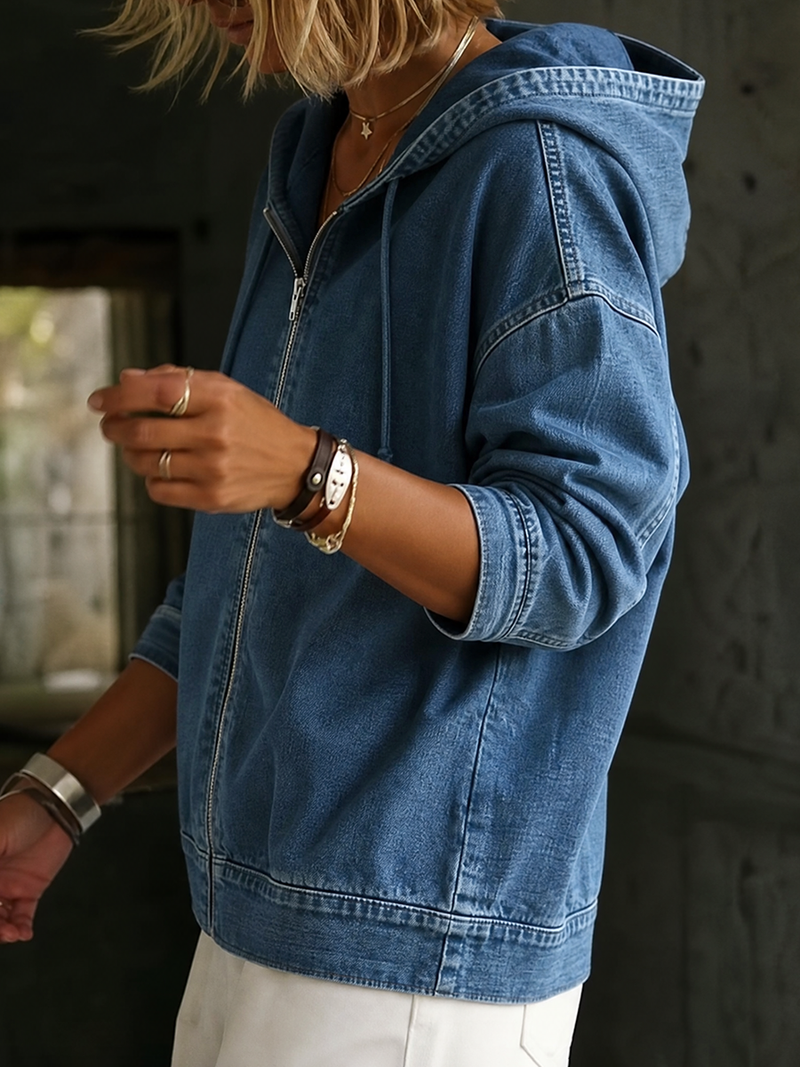 Hooded Denim Jacket for Women with Full Zip and Dropped Shoulders in Denim Blue, side view