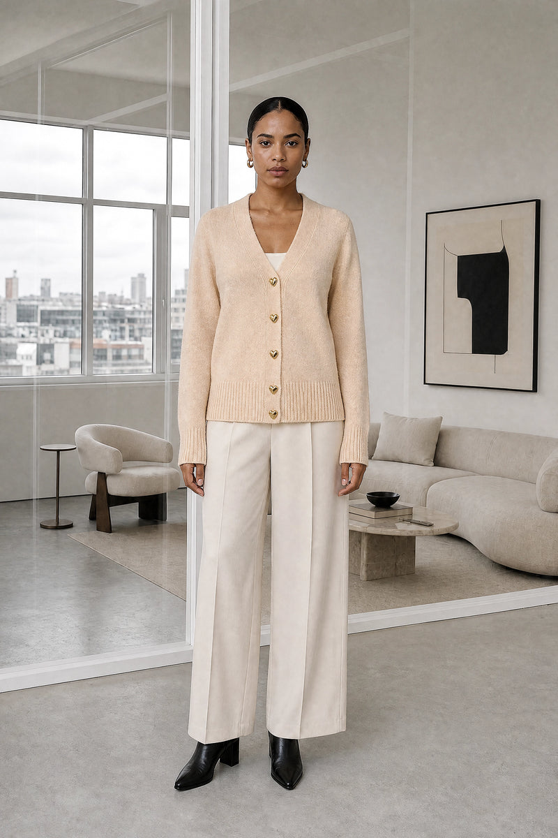Perla | V-Neck Button Cardigan in Apricot, studio front view