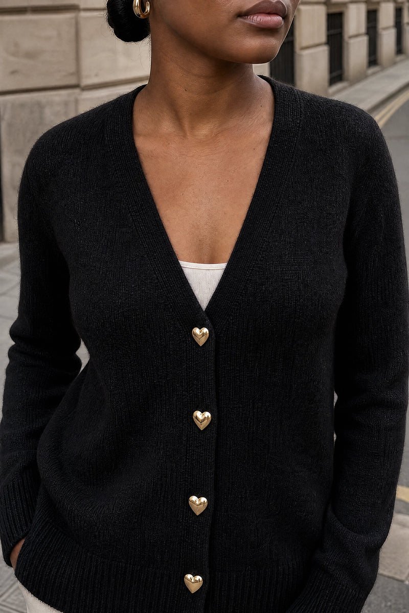 SOFAINE-V7-LIFE-Perla | V-Neck Button Cardigan in Black, detail close-up