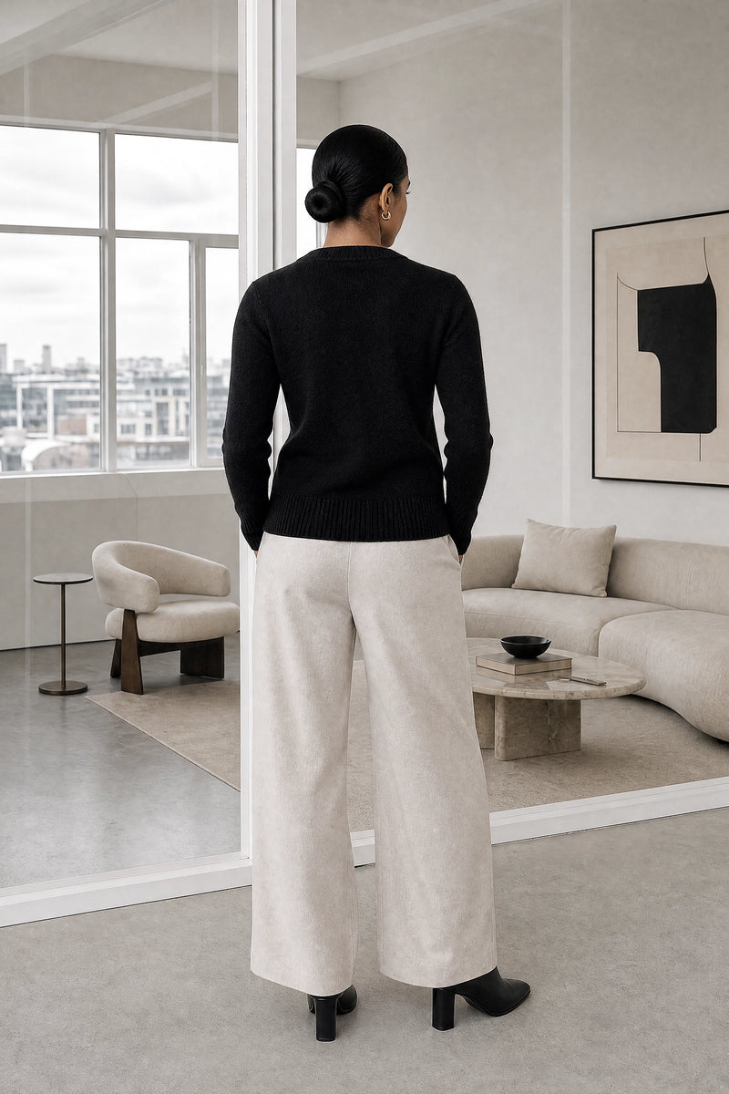 Perla | V-Neck Button Cardigan in Black, studio back view