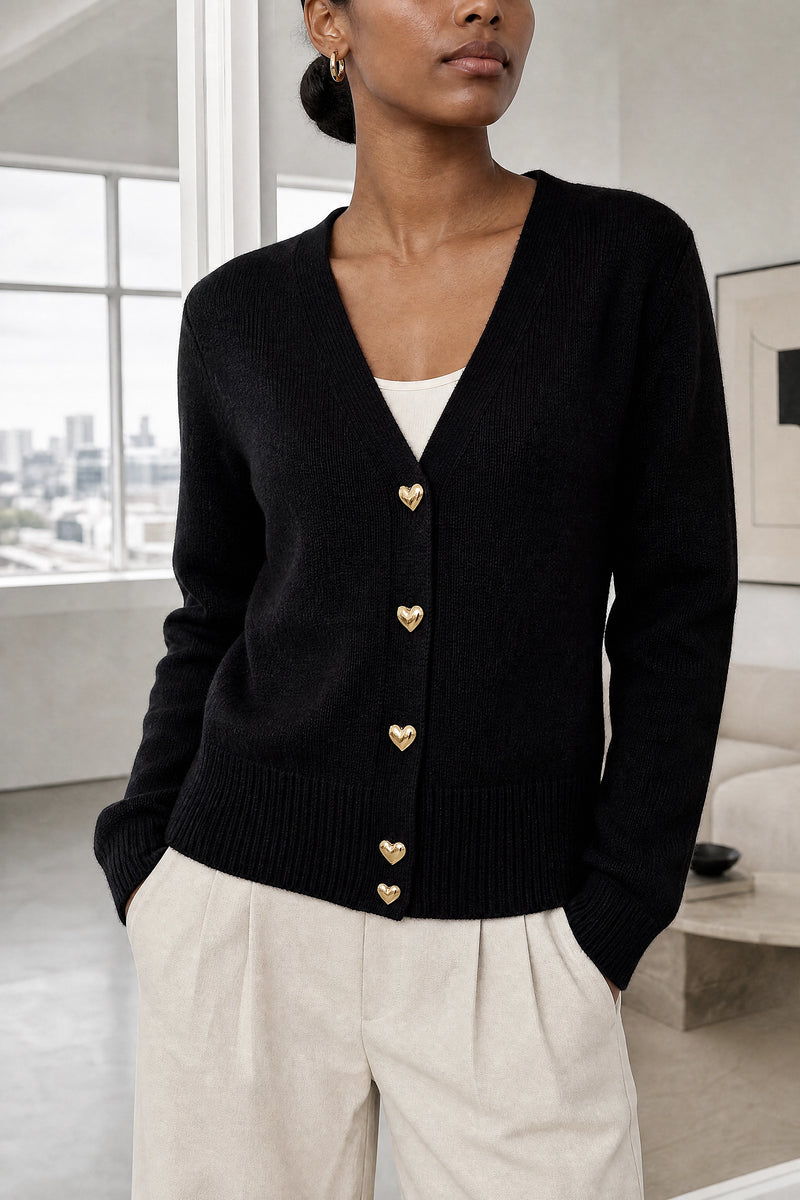 Perla | V-Neck Button Cardigan in Black, fabric close-up