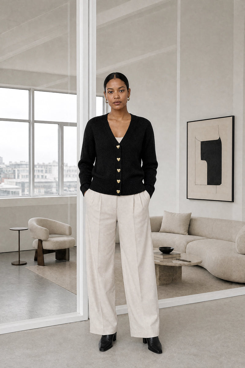 Perla | V-Neck Button Cardigan in Black, studio front view