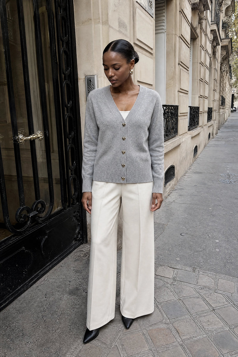 SOFAINE-V7-LIFE-Perla | V-Neck Button Cardigan in Gray, street-style view