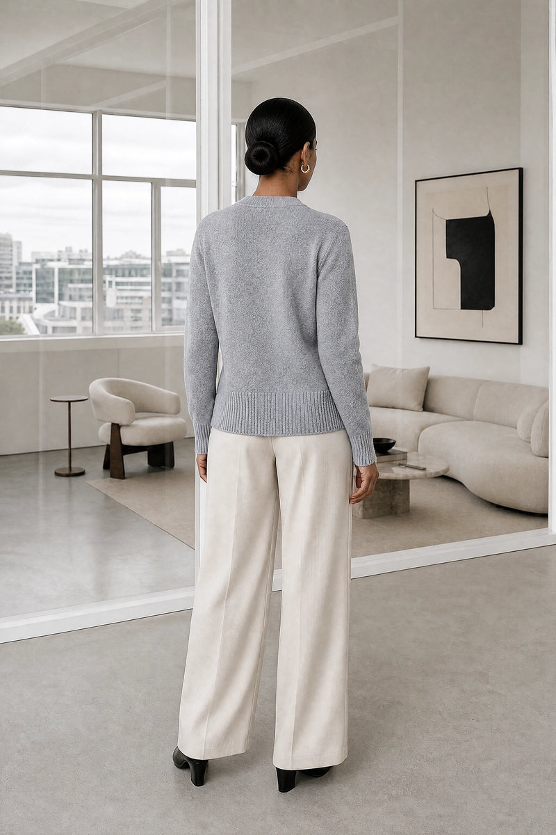 Perla | V-Neck Button Cardigan in Gray, studio back view