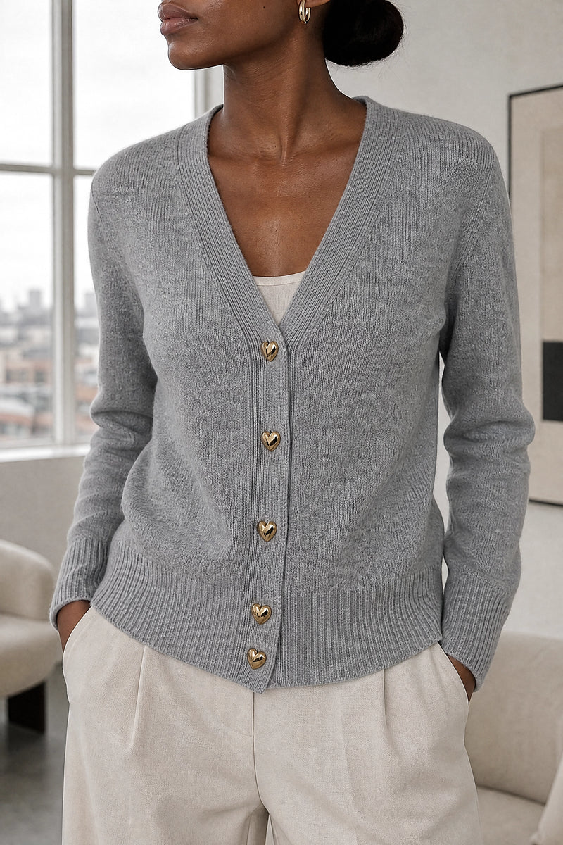 Perla | V-Neck Button Cardigan in Gray, fabric close-up