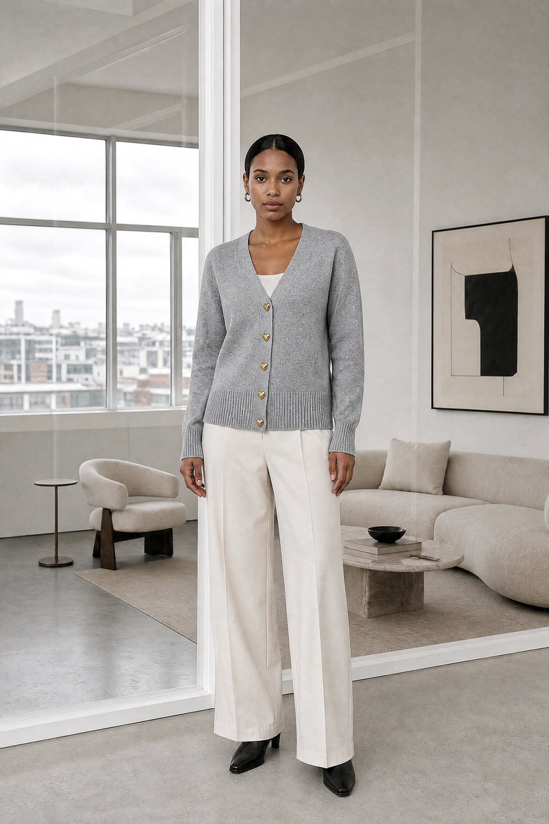 Perla | V-Neck Button Cardigan in Gray, studio front view