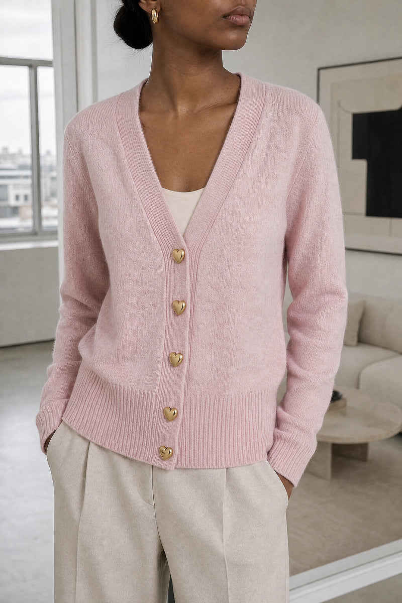 Perla | V-Neck Button Cardigan in Pink, fabric close-up