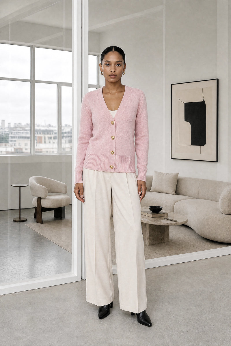 Perla | V-Neck Button Cardigan in Pink, studio front view