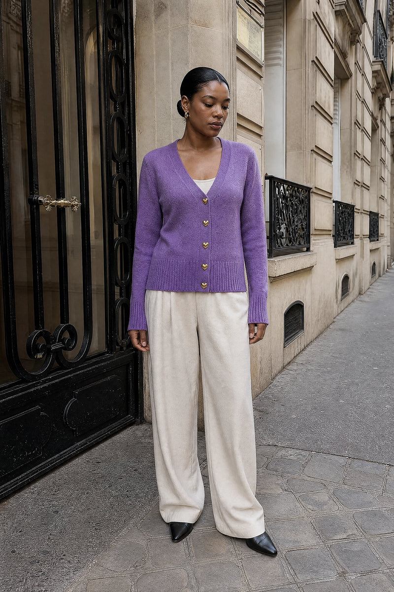 SOFAINE-V7-LIFE-Perla | V-Neck Button Cardigan in Purple, street-style view