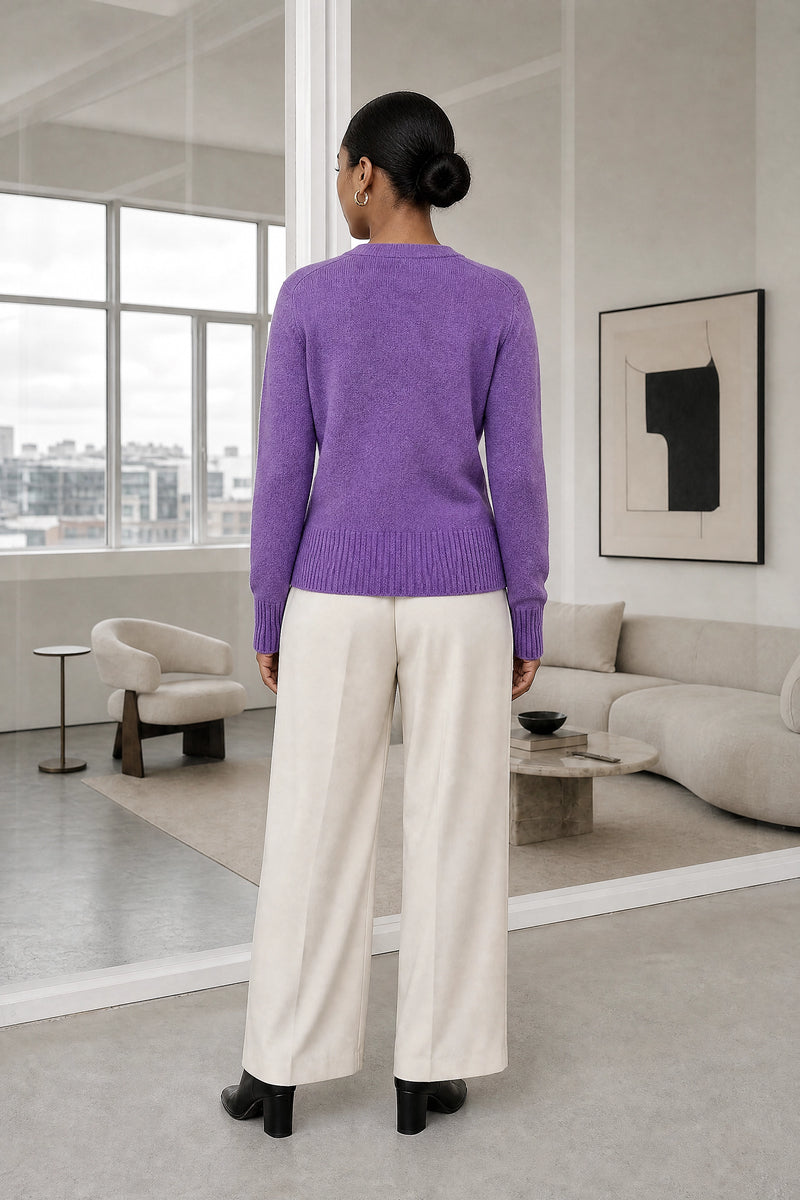 Perla | V-Neck Button Cardigan in Purple, studio back view