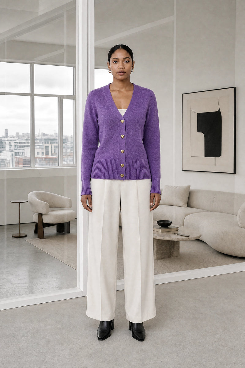 Perla | V-Neck Button Cardigan in Purple, studio front view