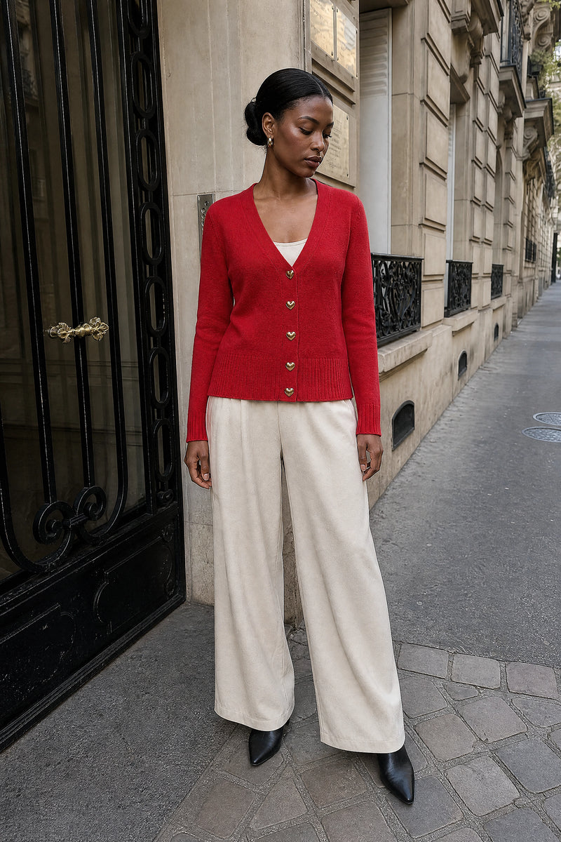 SOFAINE-V7-LIFE-Perla | V-Neck Button Cardigan in Red, street-style view